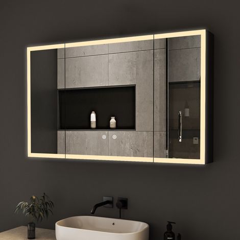 100x60 cm 3 Türen Spiegelschrank Bad mit Beleuchtung Schwarz LED Spiegelschrank mit Beleuchtung Badspiegel Schwarz Badschrank Hängeschränke mit 3 Einstellbare Lichtfarben Beschlagfrei