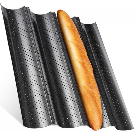Moule à baguettes noir, moule à baguettes en acier au carbone, moule à pain allant au four, moule à baguettes perforé allant au lave-vaisselle, moule à baguettes, 4 compartiments (1 pièce) (1/4)