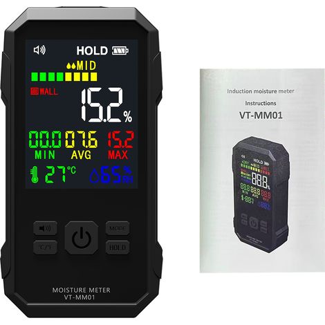 Igrometro senza puntali per cartongesso, rilevatore di umidità per legno, tester non distruttivo con schermo LCD, onde ad alta frequenza e funzione di registrazione one-touch, per legno, cartone e sof (1/5)