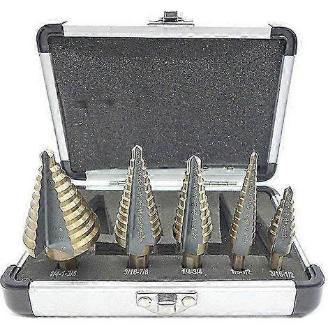 Ensemble de cinq poinçons pour plaques d'acier et boîtes en aluminium, poinçons britanniques, alésoirs triangulaires jaune cuit, forets étagés, forets à table. (1/4)