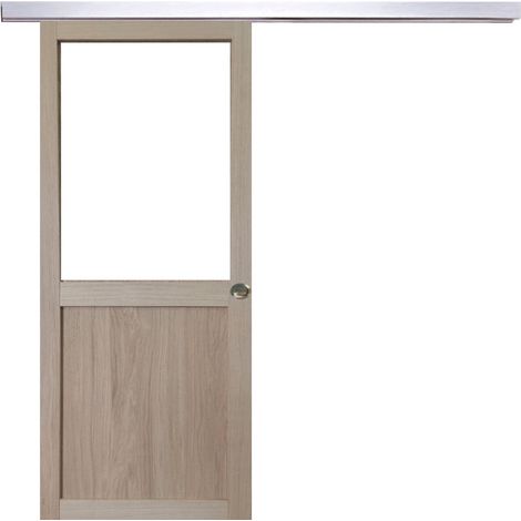 Porte Coulissante Atelier placage chene Vitree H204 x L73 + Rail Alu et 2 coquilles (1/5)
