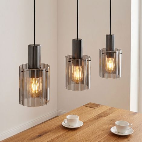 Pendellampe Pendelleuchte Esstischleuchte Wohnzimmerlampe Hängeleuchte 3 Flammig Rauchglas, Metall grau, 3x E27 Fassungen, LxBxH 98x18x120 cm