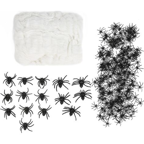 Toiles d'araignée Halloween extensibles 200g avec 215 araignées en plastique pour maison hantée intérieure extérieure (1/5)