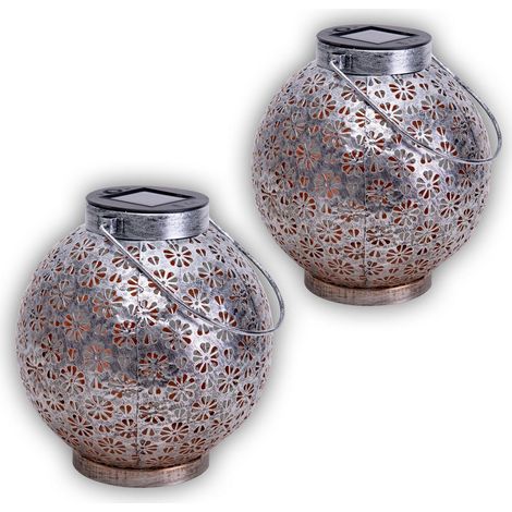 Lot de 2 Lampes Solaires Décoratives Extérieures en Métal Argenté avec LED Motif Fleuri 18 cm - PANGIVO (1/5)