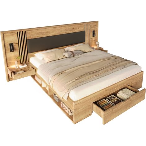 Lit coffre double 160x200 cm avec rangement, 2 chevets, tiroirs et liseuse, structure mdf décor bois, naturel (1/5)