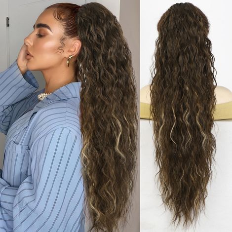 Luxuriöse Pferdeschwanzverlängerung – Gewellte Perücke – Lange Perücken für Damen – Haarspange und Kordelzug – 75 cm – 220 g – Honigblonde Mischung (H10B/22) (1/5)