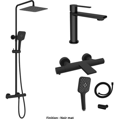 Ensemble Mitigeur lavabo + Colonne de douche + Mitigeur Bain + Support douchette flexible Couleur Noir mat (1/5)