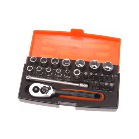 Bahco – Coffret cliquet et douilles 1/4'' – 12 douilles 6 pans de 4 à 13 mm – Cliquet compact 125 mm à dégagement rapide – Acier allié haute performance