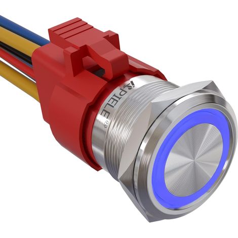 22 mm - Bouton poussoir de verrouillage - 12 V CC - 10 A - Boîtier en aluminium avec LED - Étanche - Bouton poussoir avec prise pré-câblée marche/arrêt (bleu) (1/5)