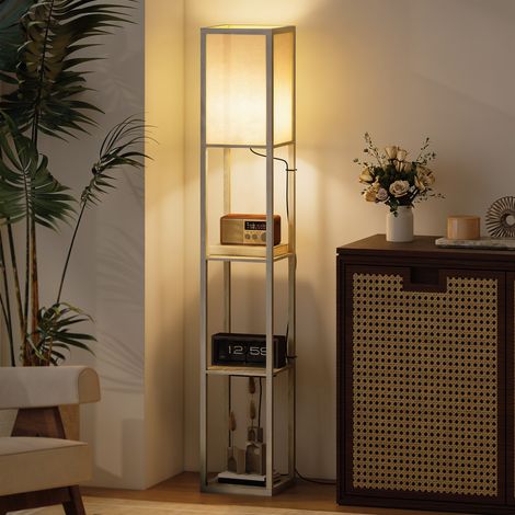 Lámpara de pie con estantes, luz regulable, interruptor de pie y puertos USB, color blanco y roble. (1/5)