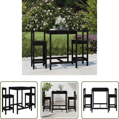 vidaXL Chaise de bar en bois -  Ensemble de bar de jardin 3 pcs noir bois de pin massif (1/5)