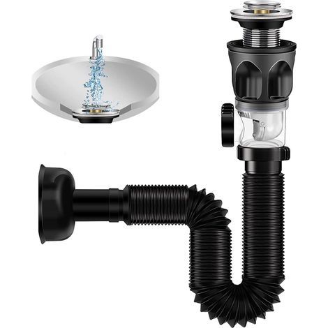 Sifone universale per scarico lavello con tubo flessibile e tappo di scarico con filtro retrattile, kit di scarico per lavello resistente agli odori e agli insetti. (1/5)