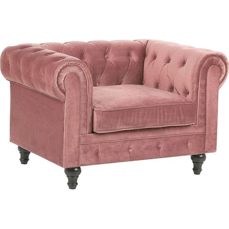 Poltrona Chesterfield Tappezzeria in Velluto Rosa Gambe in Legno Nero Chesterfield