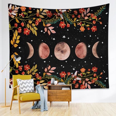1 tapisserie murale, noir, 130x150 cm, motif lune et plantes, pour décoration intérieure et extérieure (1/3)