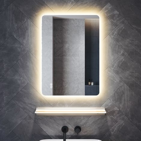 SONNI Badspiegel mit LED Beleuchtung Lichtspiegel Ablage, 70x50cm LED Badspiegel 3 Einstellbare Lichtfarben und Memory-Funktion IP44 Energiesparend