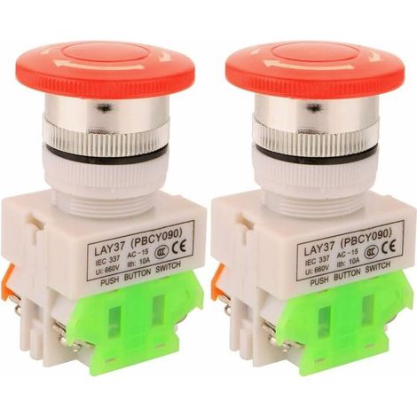 2pcs AC 10A 22mm L'arret D'urgence Bouton Poussoir NO/NC Rouge Capuchon Champignon (1/5)