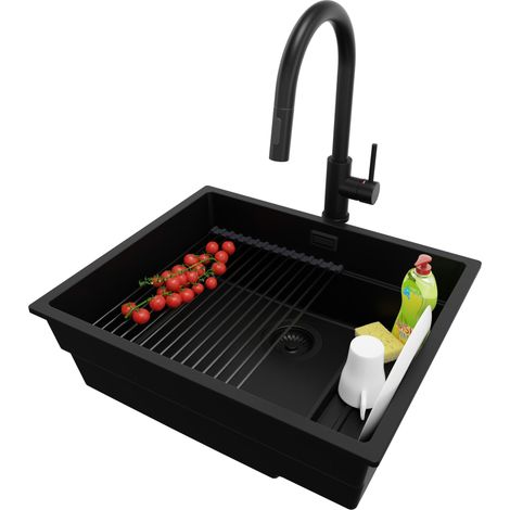 PRIMAGRAN Evier Sous Plan 56x47cm, Evier en Granit 1 bac + Robinet 40x20cm + Kit de Vidage + Égouttoir Enroulable, Évier au meuble 60cm - Prague, Tout Noir (1/5)