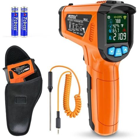 Digitales Infrarot-Thermometer mit Sonde (-50 °C bis 800 °C), berührungsloses Infrarot-Thermometer mit LCD-Anzeige, Alarmfunktion und einstellbarem Emissionsgrad für Küche, Pizza und Industrie