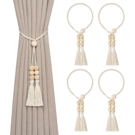 Lot de 4 embrasses de rideaux en corde de coton naturel de style bohème élégant avec perles de bois pour la maison et le bureau (1/5)
