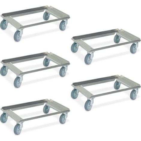 BRB Lot de 5 roulettes en aluminium pour bac empilable Euro 600 x 400 mm, planche ouverte, roues en caoutchouc gris