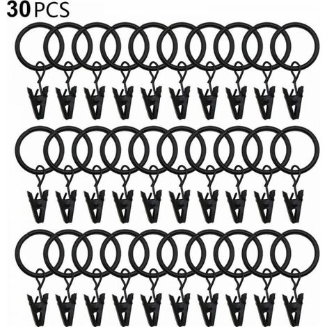 30 anneaux de rideaux PCS avec pinces, pinces à draperie solides, crochets sur support de tige de tension, diamètre intérieur oeillets en métal rideaux décoratifs cintres de fenêtre, noir (1/5)
