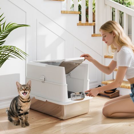 Bac à litière pour chat fermé. maison de toilette pour chat en acier inoxydable. 60.2 x 40.2 x 43.7 cm. gris clair