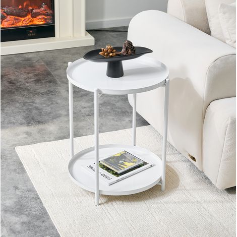 Table d'appoint ronde 42x42x52 cm blanche en métal et MDF à 2 niveaux, style scandinave, compacte et facile d'entretien (1/5)