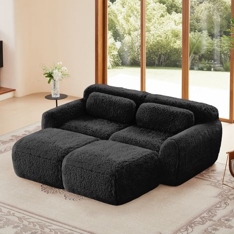 Canape angle convertible -Tissu velours doux - Conception modulaire - Combinable - Coussin inclus -Aucun assemblage requis- 2 places - noir - B (1/5)