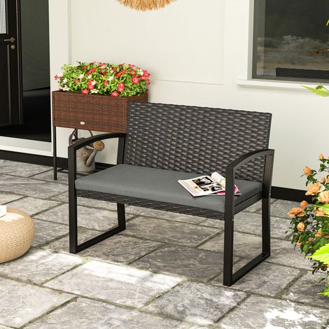 Banc de jardin 2 places, banc d'extérieur en résine tressée PE avec coussin, acier galvanisé, 103x58x78cm, gris et noir
