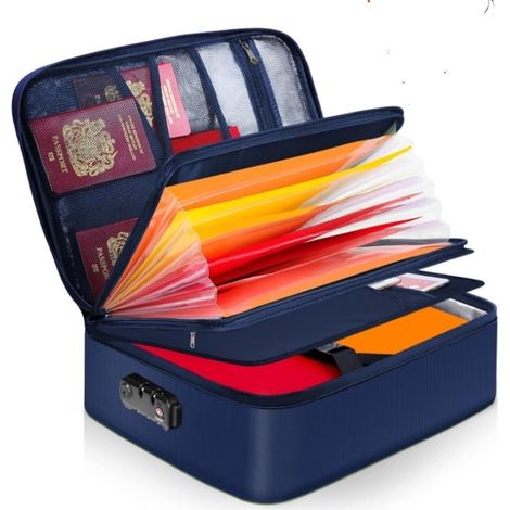 Dokumenten-Organizer mit 5200℉ Wärmedämmung, feuerfester Dokumentenhalter mit Schloss, Dokumenten-Aufbewahrungsbox mit 7 Fächern, Akten-Organizer Blau