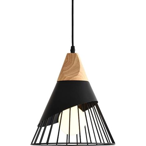 Chandelier Pendant Lamp Iron Wood Cage Creative Cone Modern Black Lighting Indoor Restaurant Living Room Bedroom Study Entrance Light Fixture Sconce, black, ø25cm (1/5)