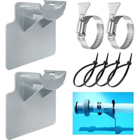 Ensemble de 2 supports de tuyau de piscine, accessoires pour piscines hors sol avec collier de serrage et dispositif anti-torsion en plastique (gris) (1/5)