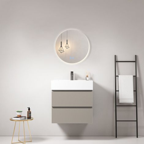 Mobile bagno sospeso cannettato 60 cm Grigio Cenere Lavabo in Resina Specchio Tondo Retroilluminato - Fiji Paint