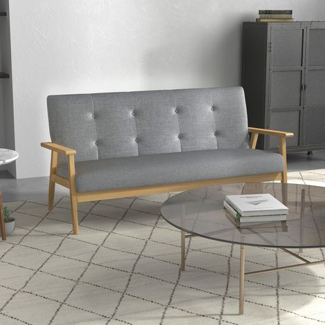 Canapé 3 places - HOMCOM - style scandinave - dossier capitonné, assise rembourrée - lin et bois d'hévéa - 154,5×69,5×73cm - gris