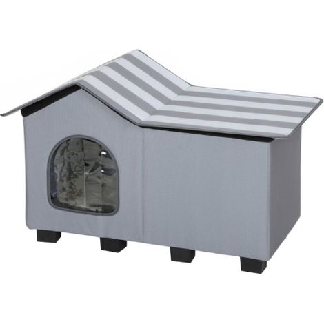 Maisonnette pour chat d'extérieur 70x43x45 cm en tissu Oxford gris, imperméable, isolée avec toit amovible et plateforme surélevée (1/5)