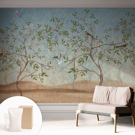 Tapete Vliestapete mit Kleber für Wohnzimmer Schlafzimmer Küche - Wanddekoration Vögel in den Bäumen 312x219 cm (1/5)