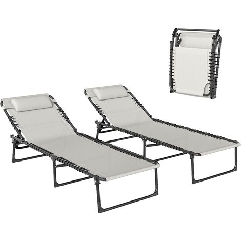Set aus 2 klappbaren Sonnenliegen, mehrfach verstellbare Rückenlehne, Stahlrahmen, elastische Textilene-Bespannung, cremefarben.