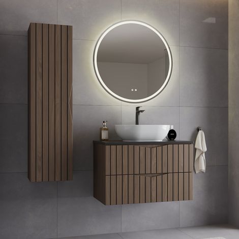 Waschtisch und Hängesäule 80cm Siena mit 2 Schubladen, Holzoptik und Schwarz