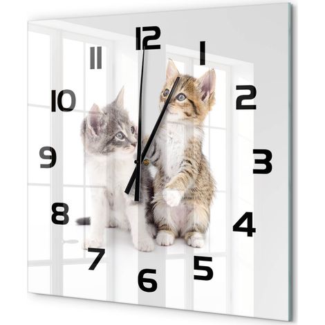 Grande Horloge Murale Carrée à Quartz en Verre Trempé Silencieuse Sans Tic-Tac Deux petits chats 60x60 cm (1/5)