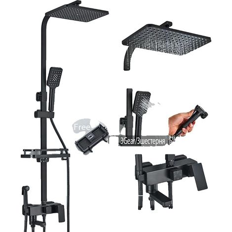 Ensemble de douche, robinet, hauteur réglable, matériau en laiton durable, Noir 4 façons A (1/2)
