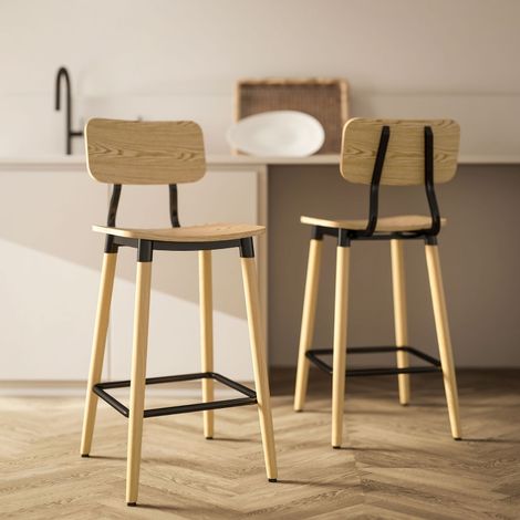 Ensemble de 2 tabourets de bar,dossier et repose-pieds,pieds acier,pour cuisine,salon et salle à manger,design naturel et pratique.