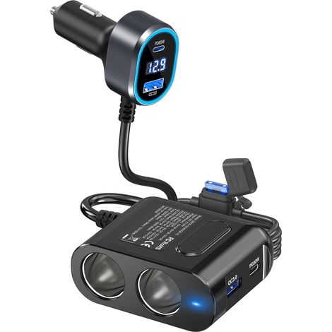 Prise Allume-Cigare de Voiture 200W, Adaptateur Chargeur 4 Ports USB (65W PD + 30W PD + 2 QC3.0) + Double Prise 12V/24V, Voltmètre LED pour 15 GPS (1/5)