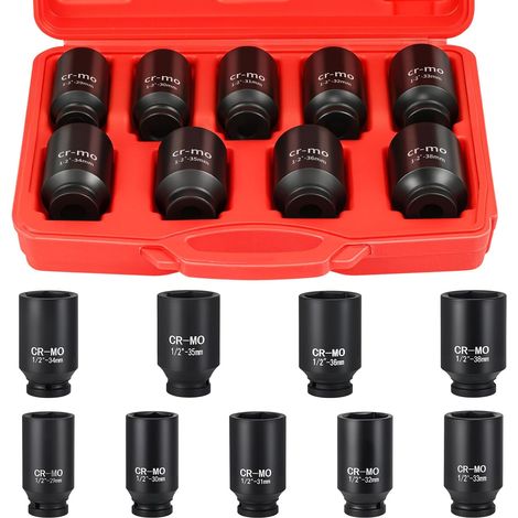 Lot de 9 douilles à choc profondes de 1,3 cm, 29-38 mm CR-MO 6 points pour clé à percussion, retrait de moyeu de roue automobile avec étui de rangement (1/5)