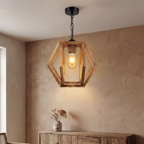 Pendelleuchte Metall Holz E27 B: 27 cm H: max. 100 cm Schwarz geflammtes Natur Retro