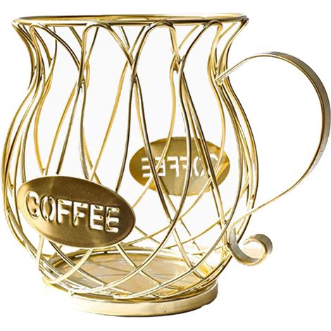 Porte-capsules de café en métal doré, avec panier décoratif en forme de tasse à café. Idéal pour la maison, le café ou la cuisine. (1/2)