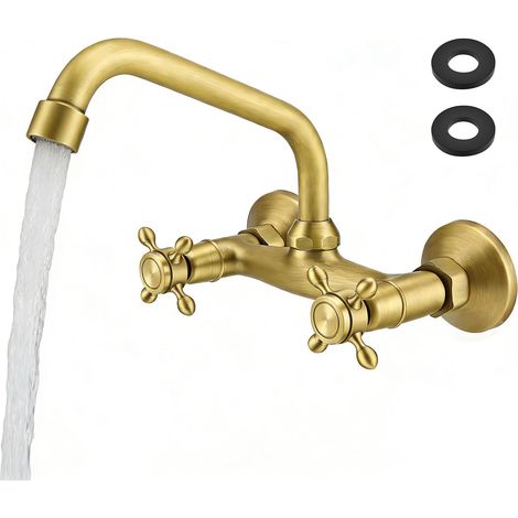Mitigeur mural pour lavabo en laiton vieilli, robinet mural vintage pour évier de cuisine, orientable à 360°, double commande pour cuisine et salle de bain, bec 25 cm (1/5)