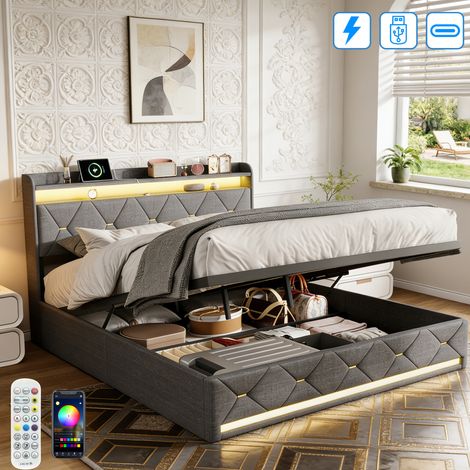 Lit Coffre 160x200 CM avec Rangement Hydraulique - Tête de Lit avec LED et USB Tpye C - Sommier à lattes - 2 Personnes - Lin - Gris (1/5)