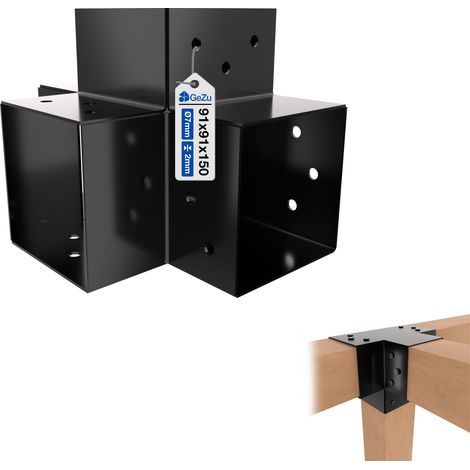 Connecteur de poteau 4D en X 91 x 91 mm – Support pergola robuste – Noir – Fixation solide pour poutres bois angle 90° – GeZu Impex