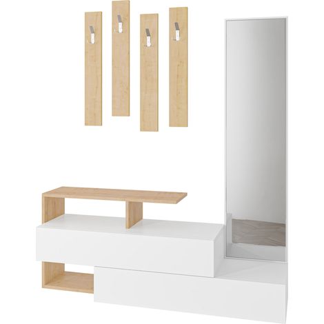 Meuble d'entrée avec miroir en bois "Ramda" - 137 x 35 x 154 cm - Beige