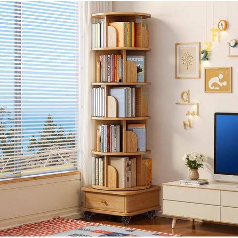 Bibliothèque rotative 360° 6 niveaux avec roulettes et tiroir, meuble gain de place pour salon ou chambre, MDF - bois (1/5)